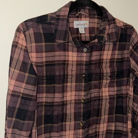 Carhartt Brown Women’s Plaid Button Up Size Small(4/6) Front Pockets EUC Cotton - Picture 3 of 13